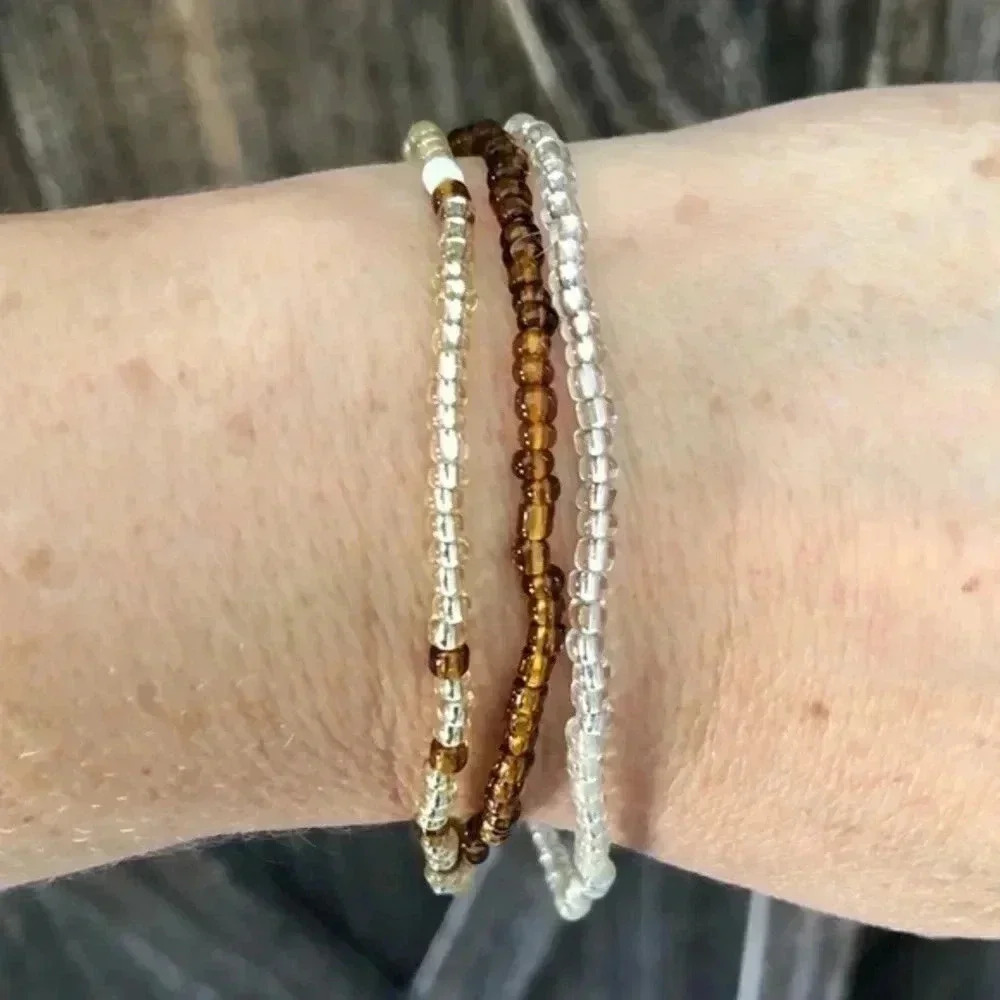 Clear, Brown, Beige Seed Bead Beaded Stretch 3 Pcs Pack Bracelets